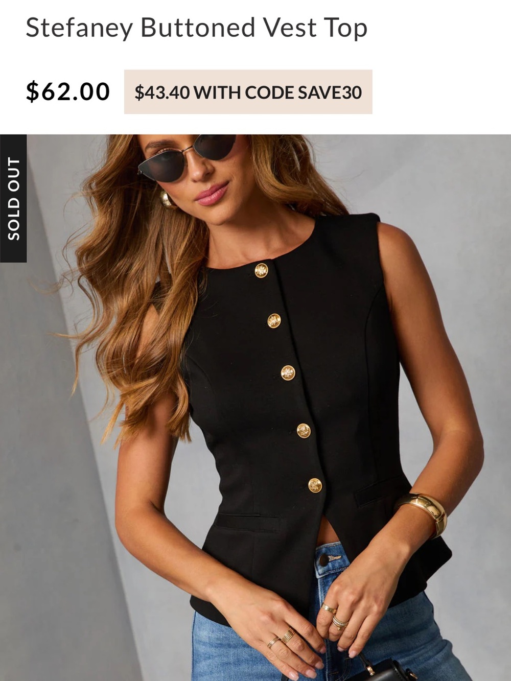 Vici Black Buttoned Vest Top with Gold Buttons nwt - Picture 1 of 1
